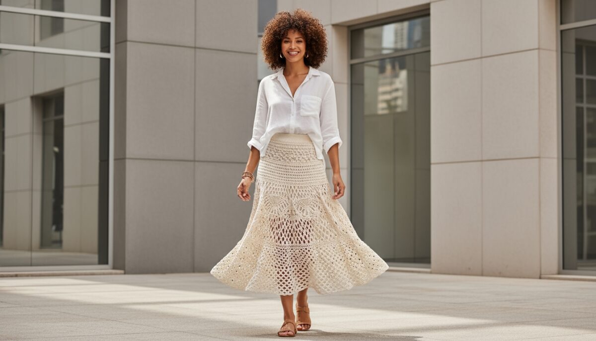 Mulher brasileira de cabelo cacheado sorrindo usando saia de crochê midi artesanal em fio de algodão cru com camisa branca leve e sandálias delicadas em ambiente urbano elegante com luz natural difusa