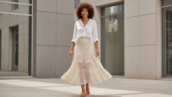 Mulher brasileira de cabelo cacheado sorrindo usando saia de crochê midi artesanal em fio de algodão cru com camisa branca leve e sandálias delicadas em ambiente urbano elegante com luz natural difusa