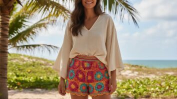 Mulher brasileira sorrindo em ambiente de verão natural usando shorts de crochê artesanal em tons vibrantes com textura detalhada