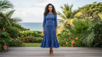 Mulher brasileira de cabelo cacheado usando vestido midi de crochê azul com ponto vazado em cenário de verão com deck de madeira, árvores tropicais e coqueiros sob luz natural difusa