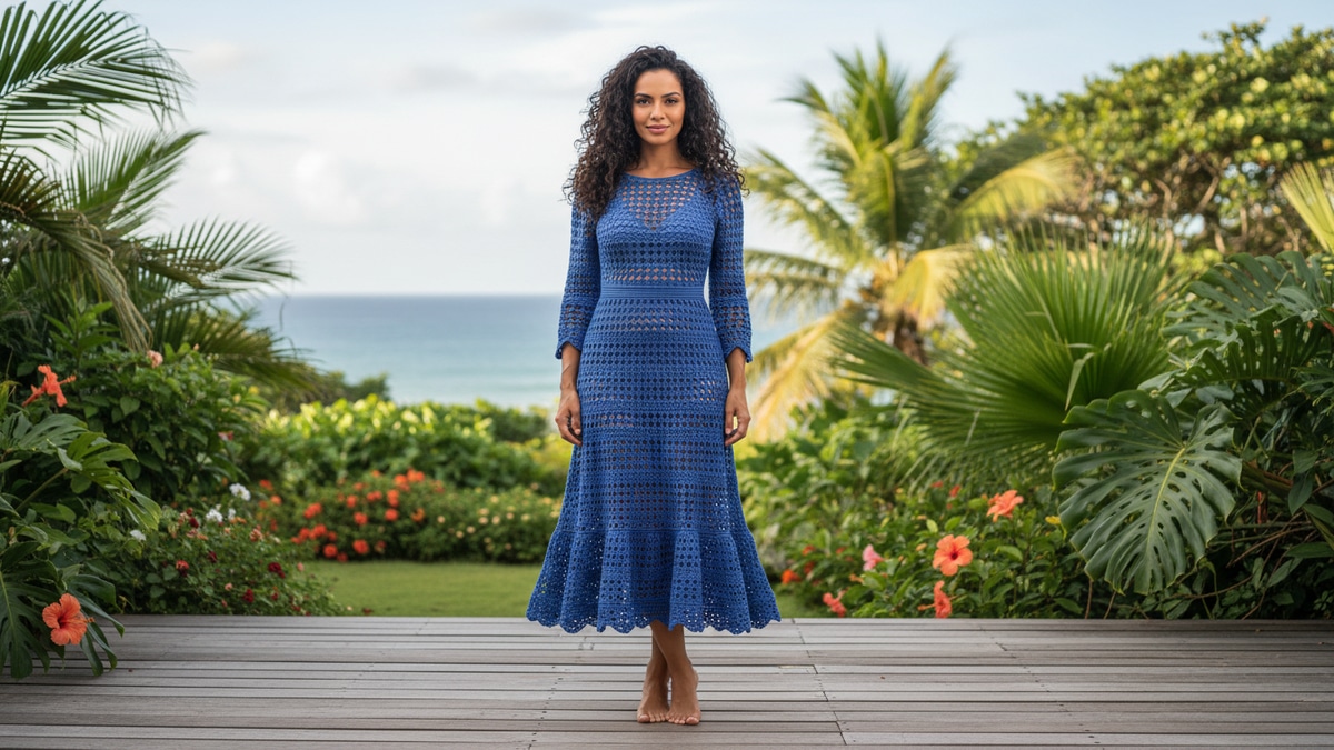 Mulher brasileira de cabelo cacheado usando vestido midi de crochê azul com ponto vazado em cenário de verão com deck de madeira, árvores tropicais e coqueiros sob luz natural difusa