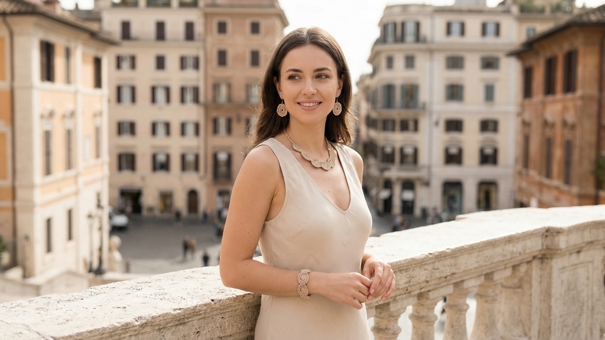 Mulher jovem elegante apoiada em balaústre de pedra clara, usando vestido sem mangas bege/creme claro com decote em V, acessórios artesanais de crochê em tons bege/creme incluindo brincos circulares detalhados, colar gargantilha com padrão intrincado em formato de vieiras ou flores, e pulseira circular.