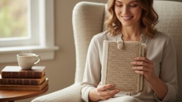 Mulher sorridente segurando capa de crochê bege para caderno em ambiente aconchegante com livros e xícara de chá