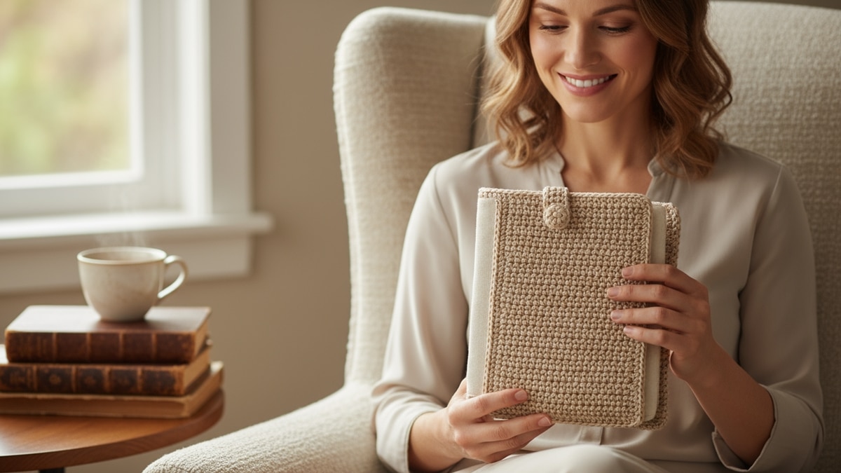 Mulher sorridente segurando capa de crochê bege para caderno em ambiente aconchegante com livros e xícara de chá