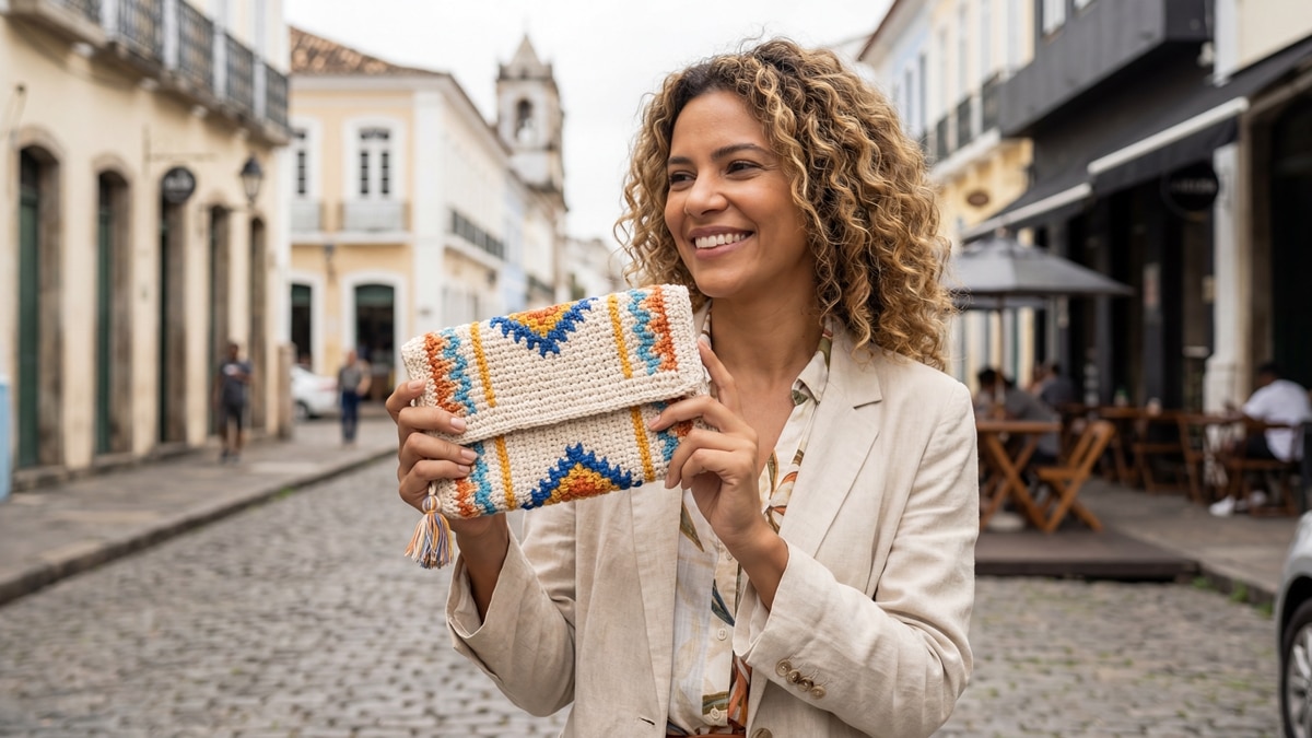 Mulher sorrindo usando carteira de crochê estilosa em algodão cru com detalhe vibrante, em ambiente urbano brasileiro com luz natural difusa destacando trama e acabamento artesanal.