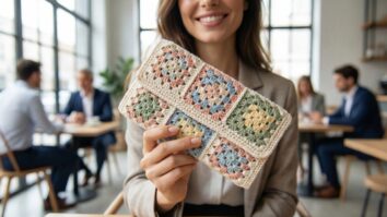 Mulher sorrindo segeira de crochê com granny squares multicolorida em ambiente de restaurante.