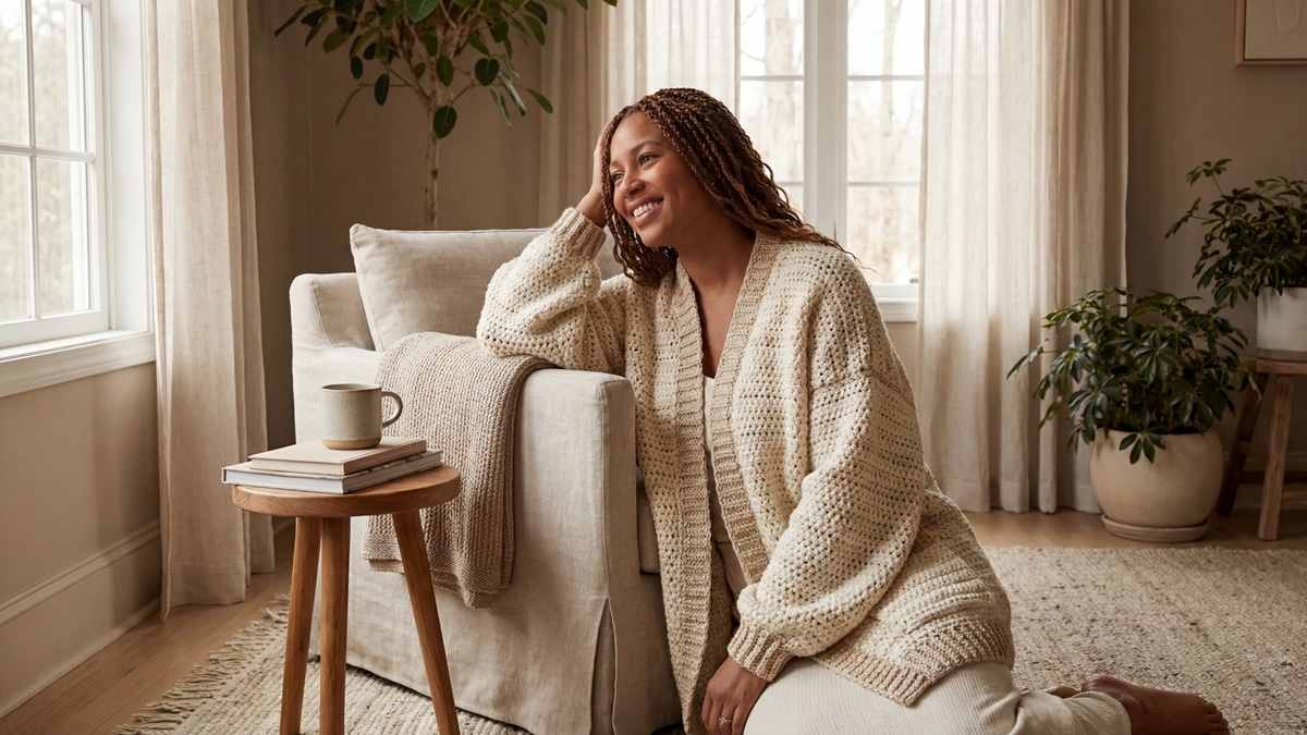 Mulher sorridente em casaco de crochê artesanal cru apoiada em poltrona clara, com manta suave ao lado, ambiente aconchegante com luz natural em tons neutros.