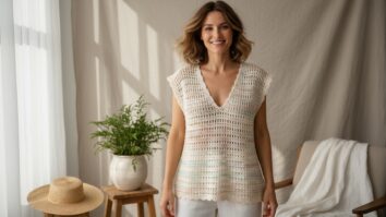 Mulher sorrindo usando colete de crochê cru com decote V em ambiente iluminado por luz natural com elementos decorativos boho