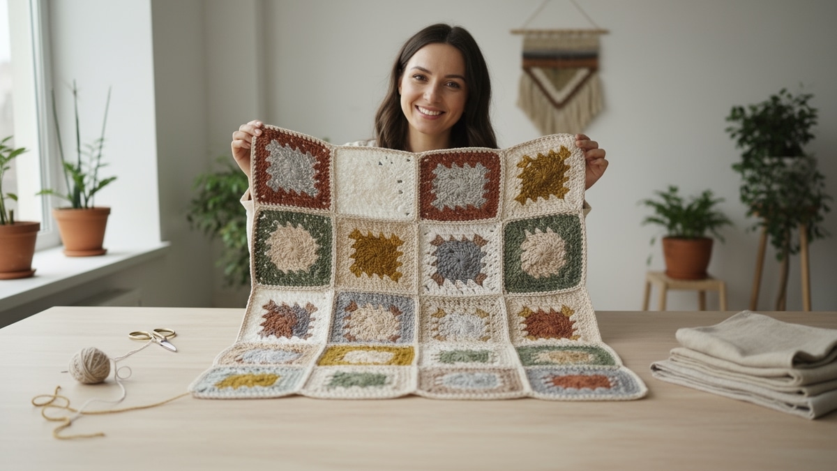 Mulher sorrindo mostrando composição de squares de crochê coloridos sobre mesa de madeira clara com elementos artesanais