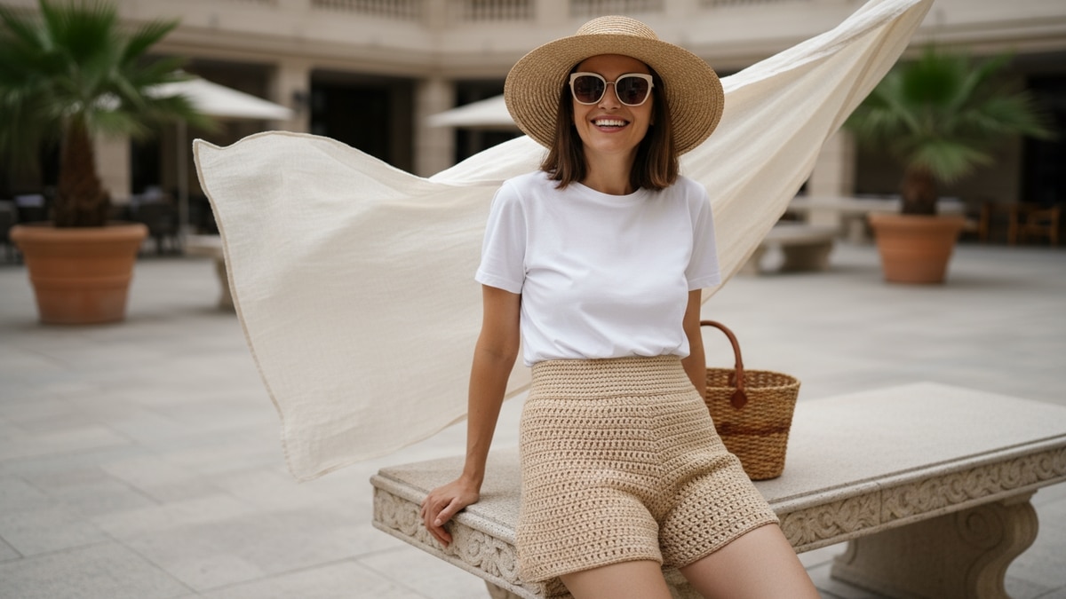 Mulher sorrindo usando short de crochê artesanal em tom areia com elementos de verão como chapéu de palha e óculos de sol em ambiente luminoso