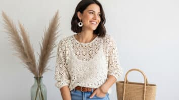 Mulher sorrindo com blusa de crochê estilosa em algodão cru off-white e modelagem leve artesanal, combinada com jeans dobrado e acessório minimalista, em ambiente com luz natural difusa e fundo limpo.