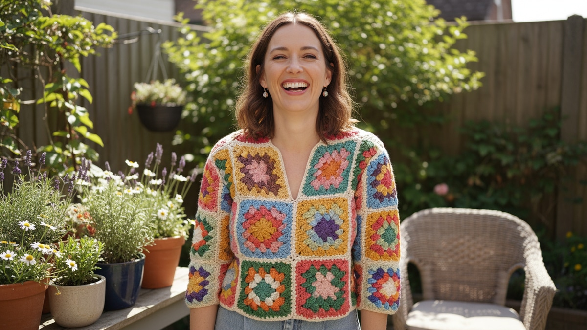 Mulher sorrindo com blusa de crochê artesanal em granny squares coloridos, combinando tons vibrantes e harmoniosos em algodão, em ambiente de jardim aconchegante com luz natural difusa e fundo equilibrado.