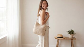 Mulher com sorriso natural usando bolsa de crochê artesanal bege de ombro, composição editorial minimalista chic em ambiente claro e aconchegante com elementos discretos de madeira e palha.