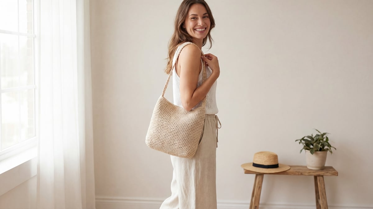 Mulher com sorriso natural usando bolsa de crochê artesanal bege de ombro, composição editorial minimalista chic em ambiente claro e aconchegante com elementos discretos de madeira e palha.