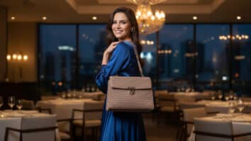 Mulher brasileira sorrindo com bolsa de crochê premium em fio náutico com acabamento estruturado, ferragens metálicas elegantes e visual de peça boutique, em ambiente noturno refinado de restaurante com luz natural difusa.