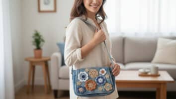Mulher sorrindo segurando bolsa jeans azul com detalhes em crochê artesanal em off-white, com motivos florais e mandalas em cores variadas, criando contraste moderno entre denim e textura trama, em ambiente a natural.