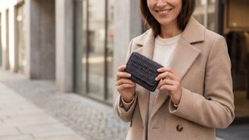 Mulher sorridente segurando carteira de crochê artesanal cinza grafite com textura moderna, composição editorial minimalista em cenário urbano com iluminação natural.