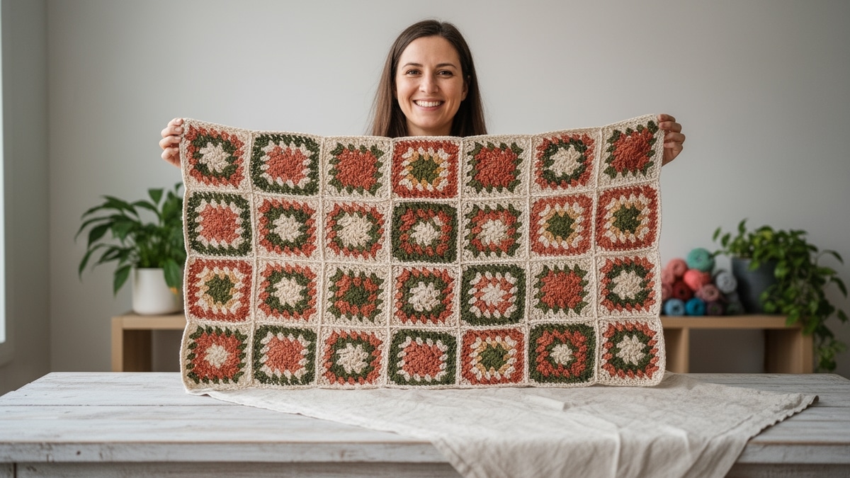 Mulher sorridente com composição de granny squares de crochê coloridos em tons de terracota, verde-oliva, creme e coral sobre superfície clara