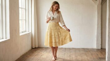 Mulher corpo inteiro sorrindo em saia de crochê amarelo, estilo boho sofisticado