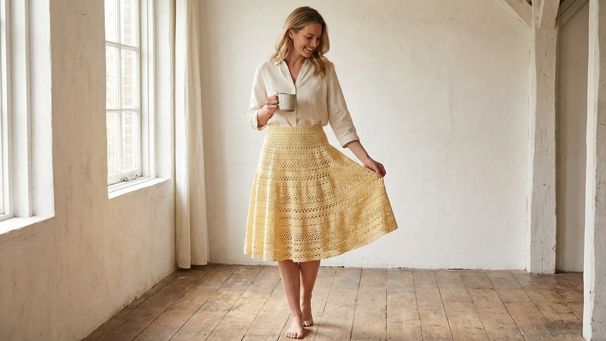 Mulher corpo inteiro sorrindo em saia de crochê amarelo, estilo boho sofisticado