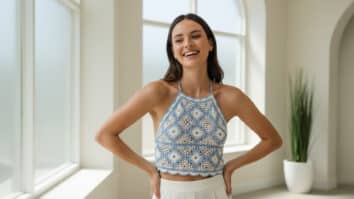 Mulher jovem sorrindo usando cropped de crochê frente única azul e branco em ambiente iluminado por luz natural, destacando a peça artesanal