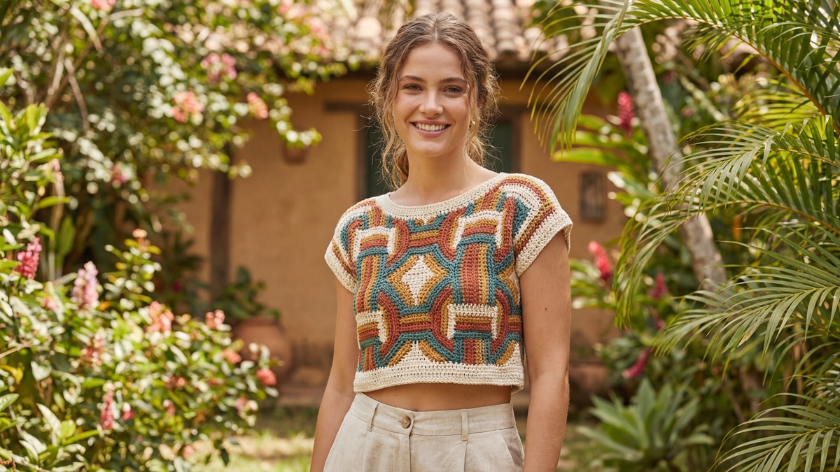 Mulher sorridente usando cropped top de crochê artesanal em algodão cru com detalhes geométricos modernos, em ambiente de verão com luz natural difusa valorizando a trama e design atualizado.