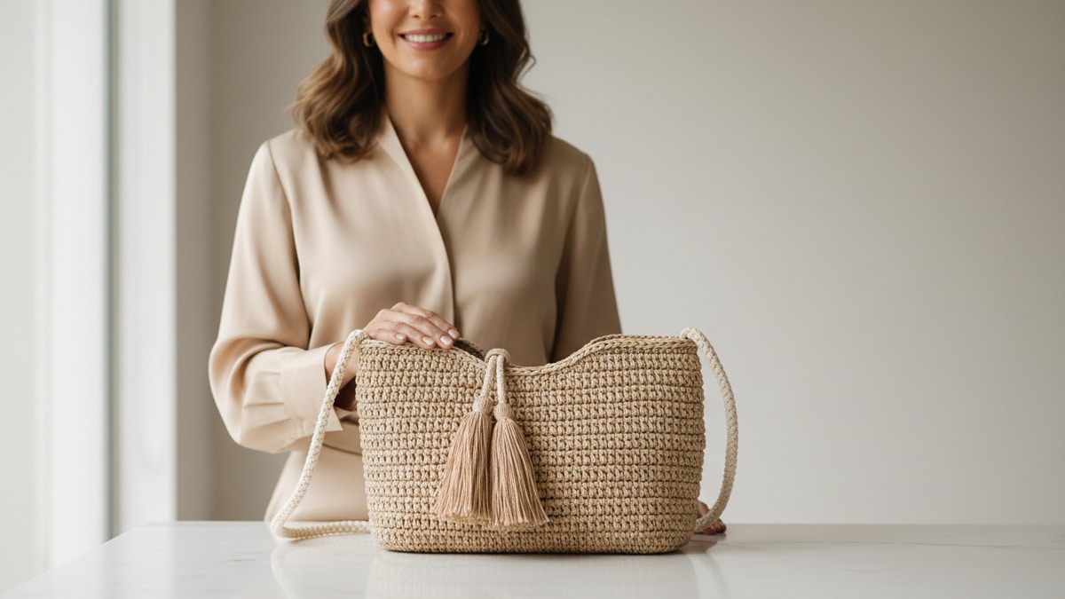 Mulher brasileira elegante sorrindo com bolsa de crochê em ráfia natural, cena editorial de moda minimalista com luz natural difusa
