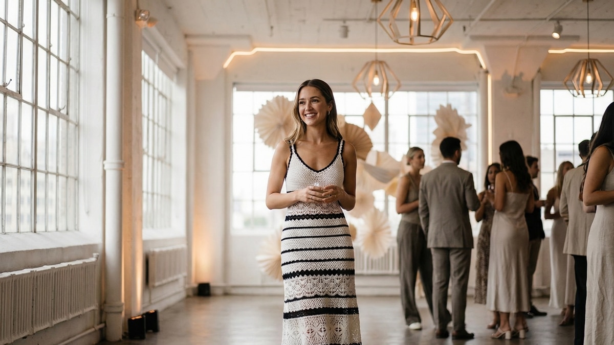 Mulher jovem sorridente centralizada em ambiente de festa moderno e elegante, usando vestido de crochê artesanal em branco e preto com caimento fluido e trama rendada, estilo sofisticado e contemporâneo com composição criativa.