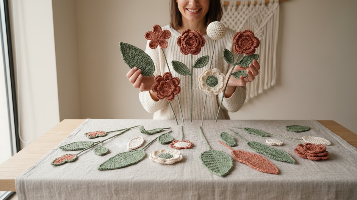 Mulher sorridente mostrando flores e folhas de crochê artesanal em tons off-white, verde e terracota sobre mesa em ambiente iluminado por luz natural