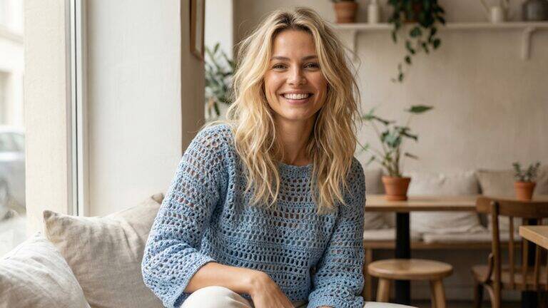 Mulher loira sorrindo usando blusa de crochê em algodão azul com trama fresca e texturizada, ambiente com luz natural difusa em estilo casual.