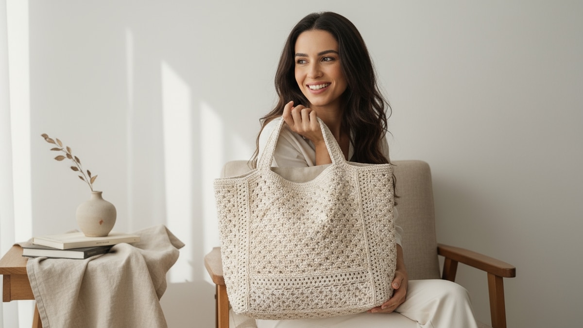 Mulher morena brasileira sorrindo com bolsa de crochê artesanal em tons neutros em ambiente minimalista