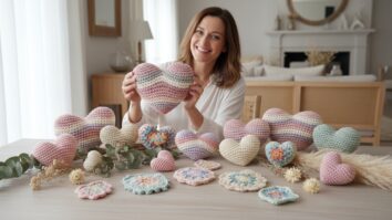 Mulher sorridente exibindo composição de corações de crochê coloridos em mesa de madeira clara decorada com flores secas em ambiente sereno