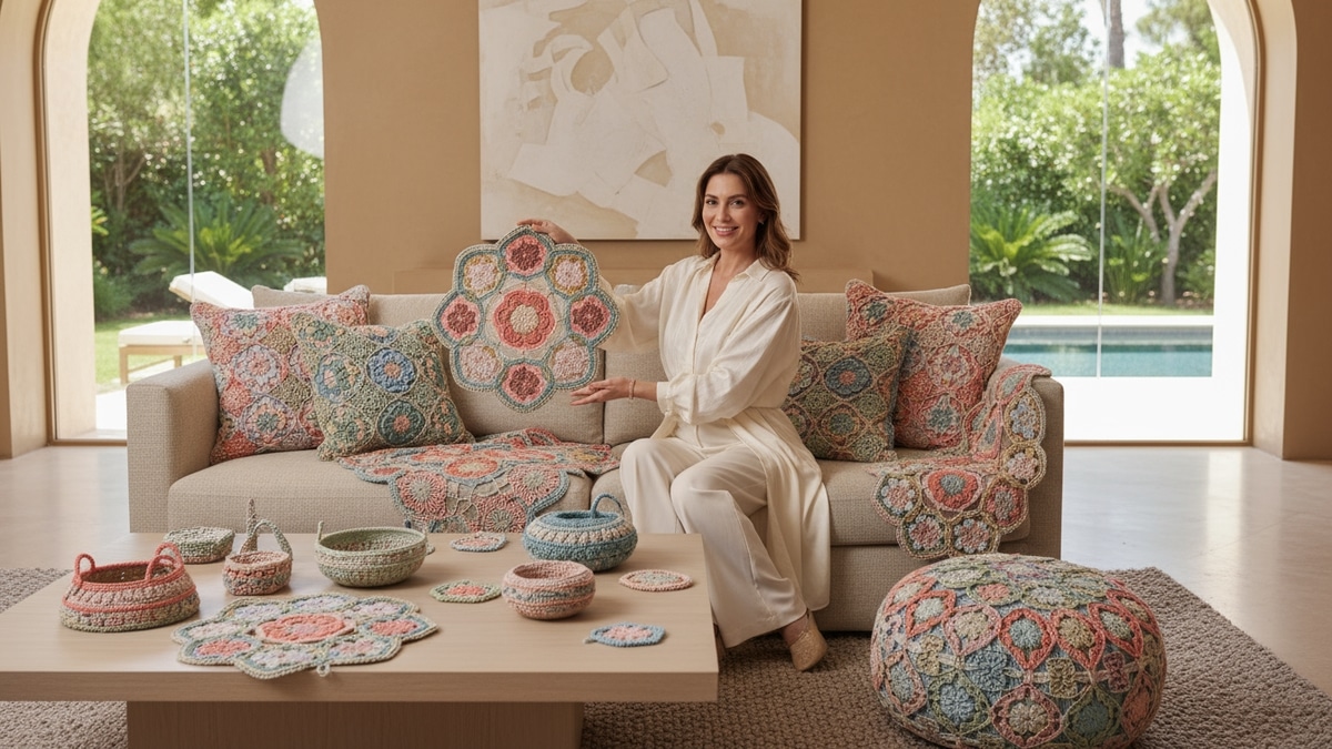 Mulher em ambiente de estúdio exibindo peças decorativas de crochê colorido com toques metálicos em cenário de casa aconchegante e contemporânea