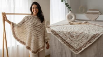 Mulher brasileira sorrindo usando poncho de crochê em tons off-white e marrom suave em estúdio de moda contemporâneo com elementos decorativos sutis