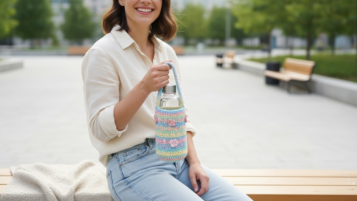 Mulher sorrindo em ambiente urbano segurando porta-garrafa colorido de crochê artesanal com detalhes fofos e alça pequena