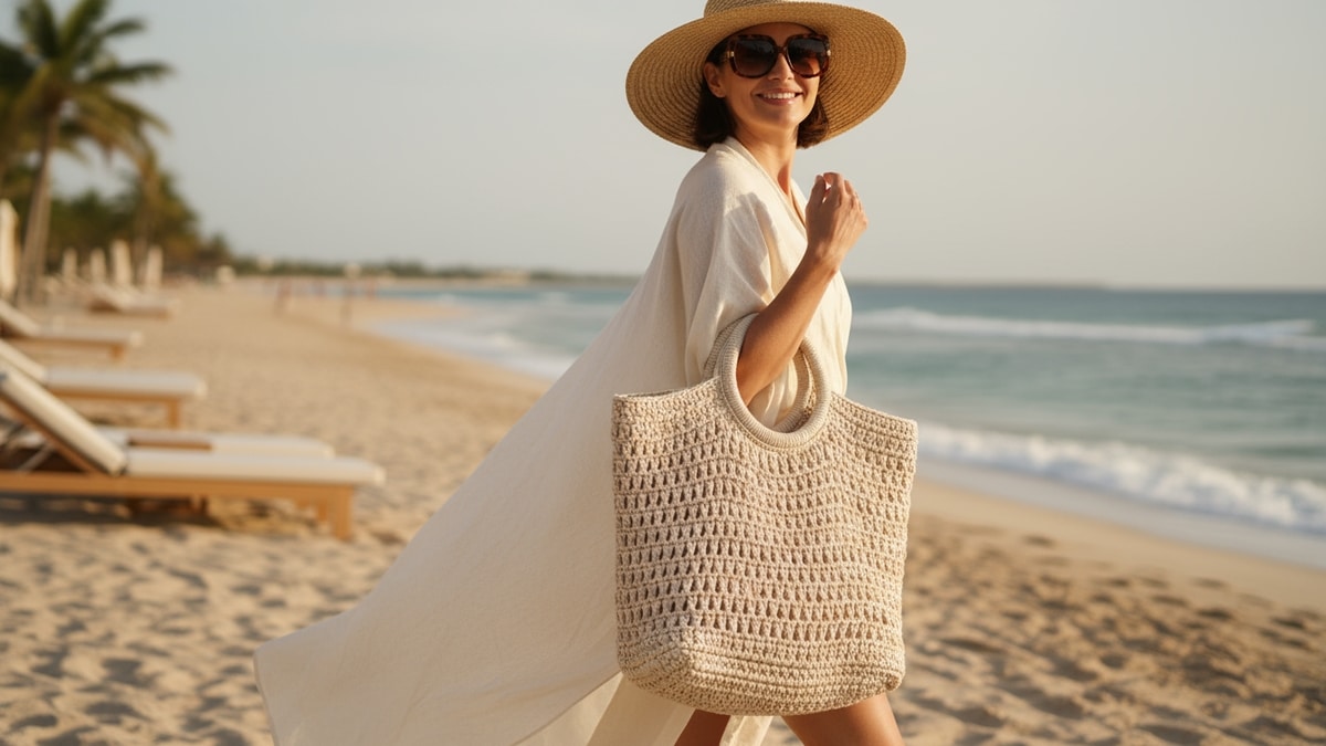 Mulher sorrindo usando bolsa de crochê artesanal estilo shopper em fio de algodão cru com alças de corda natural, chapéu de palha e óculos de sol em ambiente de praia sofisticado com luz natural suave de fim de tarde