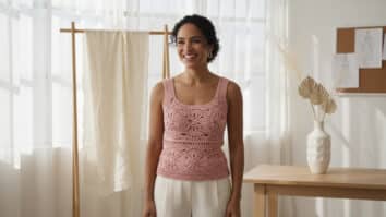 Mulher brasileira sorridente usando regata de crochê rosa em estúdio de moda contemporâneo com iluminação suave e elementos decorativos minimalistas