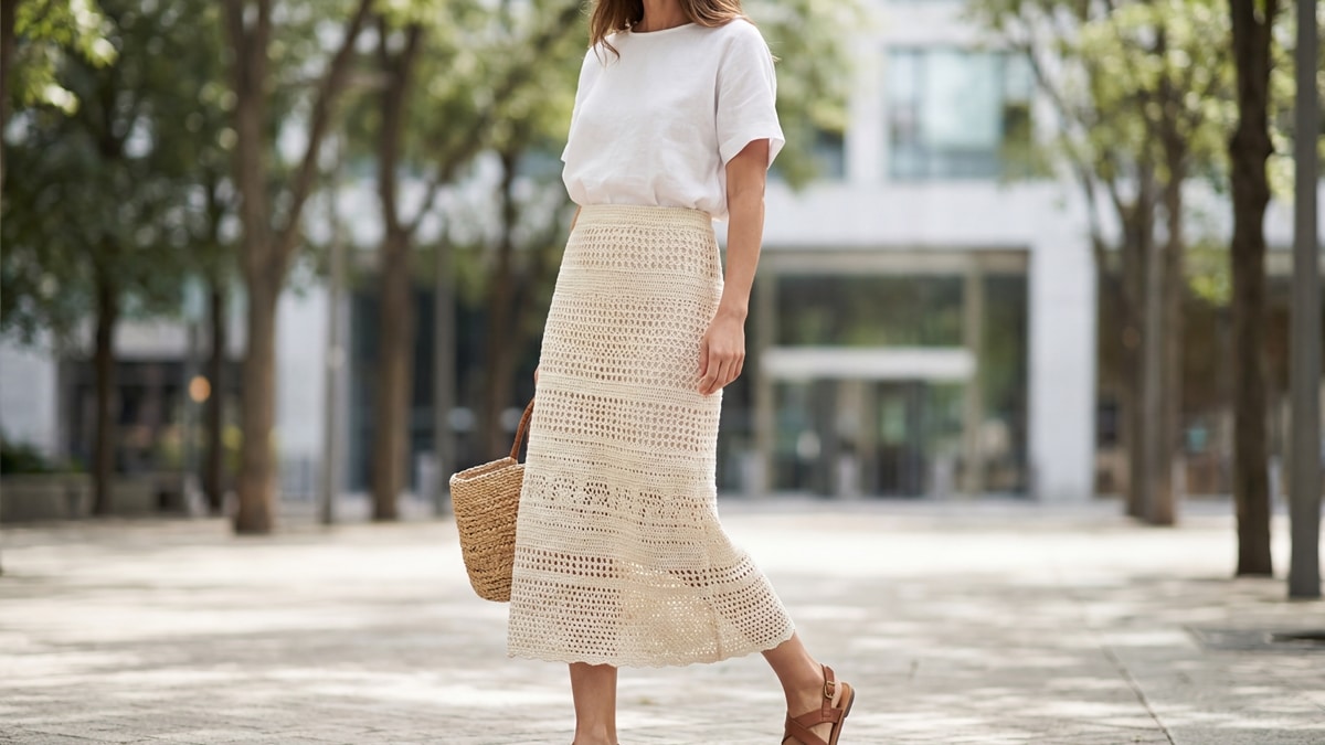 Mulher em ambiente urbano de verão usando saia artesanal de crochê em algodão cru, estilo moderno e versátil, com luz natural difusa realçando a textura e caimento suave da peça em composição elegante e contemporânea.