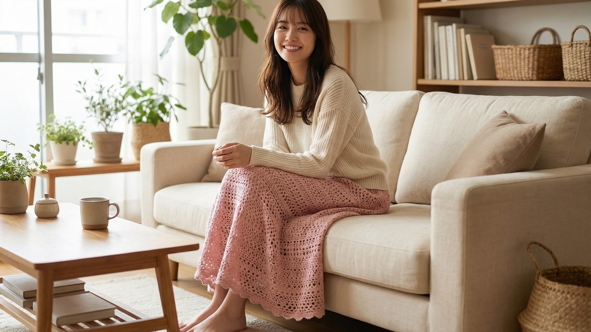 Mulher jovem sorridente em ambiente aconchegante de casa, usando saia de crochê artesanal em algodão rosa com trama rendada suave, caimento leve e acabamento refinado, estilo delicado e romântico, sem recortes.