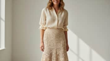 Mulher sorrindo com saia de crochê artesanal e blusa em tecido natural, cena editorial minimalista boho sofisticada