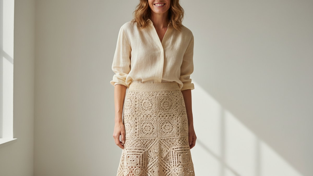 Mulher sorrindo com saia de crochê artesanal e blusa em tecido natural, cena editorial minimalista boho sofisticada