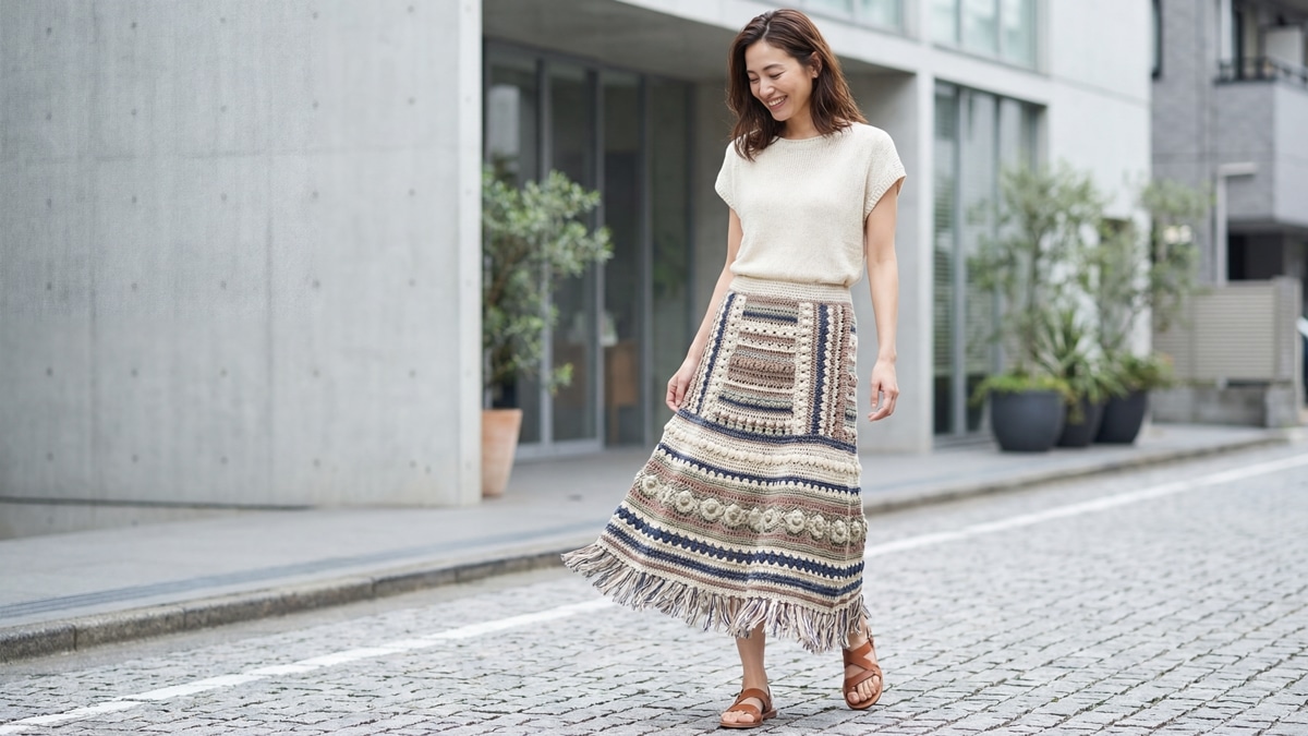 Mulher sorrindo em corpo inteiro usando saia de crochê artesanal em design criativo, em ambiente urbano clean com luz natural difusa destacando textura e caimento da peça.