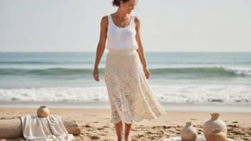 Mulher sorridente usando saia midi vazada de crochê em fio de algodão cru com barras de leques delicados em estilo boho contemporâneo, em cenário praiano com elementos discretos de linho e cerâmica, sob iluminação natural que valoriza o desenho vazado e o caimento da peça.