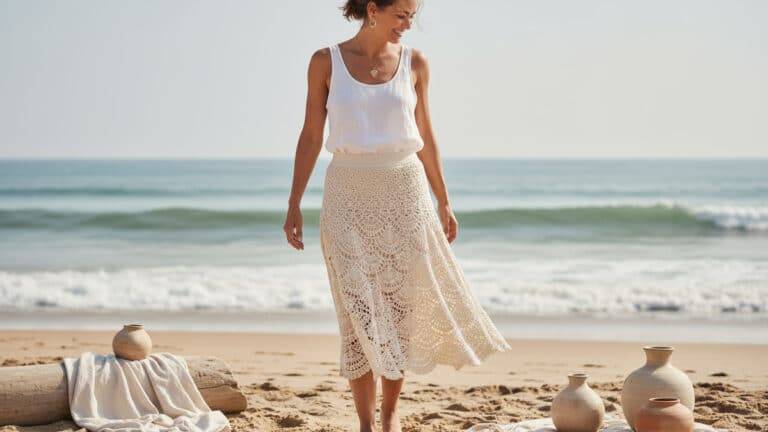 Mulher sorridente usando saia midi vazada de crochê em fio de algodão cru com barras de leques delicados em estilo boho contemporâneo, em cenário praiano com elementos discretos de linho e cerâmica, sob iluminação natural que valoriza o desenho vazado e o caimento da peça.