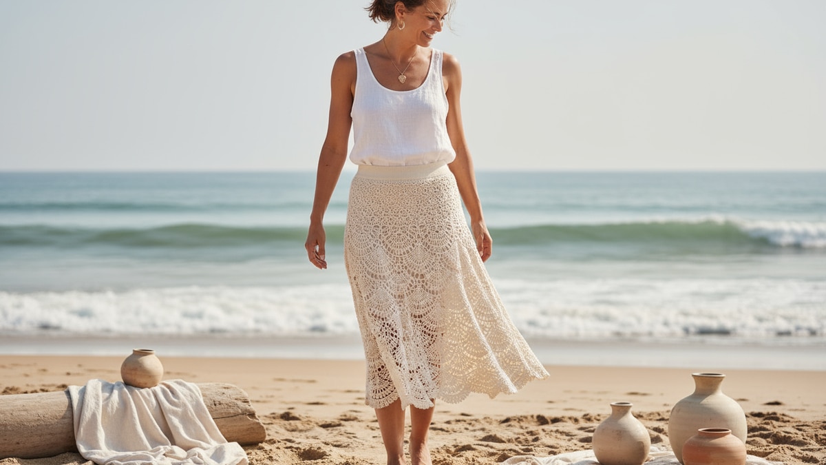 Mulher sorridente usando saia midi vazada de crochê em fio de algodão cru com barras de leques delicados em estilo boho contemporâneo, em cenário praiano com elementos discretos de linho e cerâmica, sob iluminação natural que valoriza o desenho vazado e o caimento da peça.