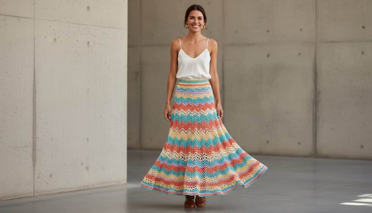 Mulher sorridente em ambiente urbano minimalista usando saia de crochê artesanal colorida com textura rendada, fotografia editorial com iluminação natural