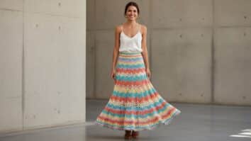 Mulher sorridente em ambiente urbano minimalista usando saia de crochê artesanal colorida com textura rendada, fotografia editorial com iluminação natural