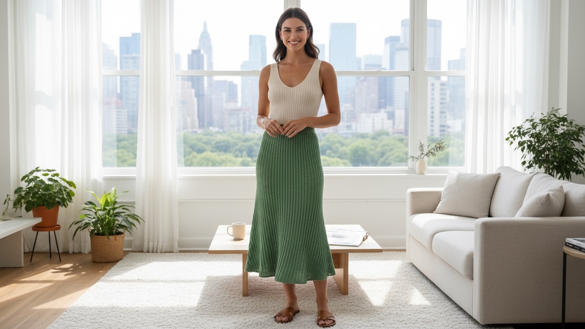 Mulher sorridente em estúdio de moda usando saia midi de crochê verde com pontos canelados verticais em ambiente aconchegante com luz natural