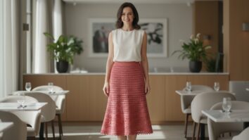 Mulher sorridente usando saia de crochê vermelho claro com blusa neutra em ambiente elegante de restaurante