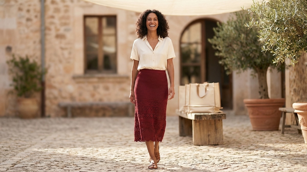 Mulher brasileira sorrindo usando saia de crochê vermelho escuro em ambiente urbano sofisticado de verão.